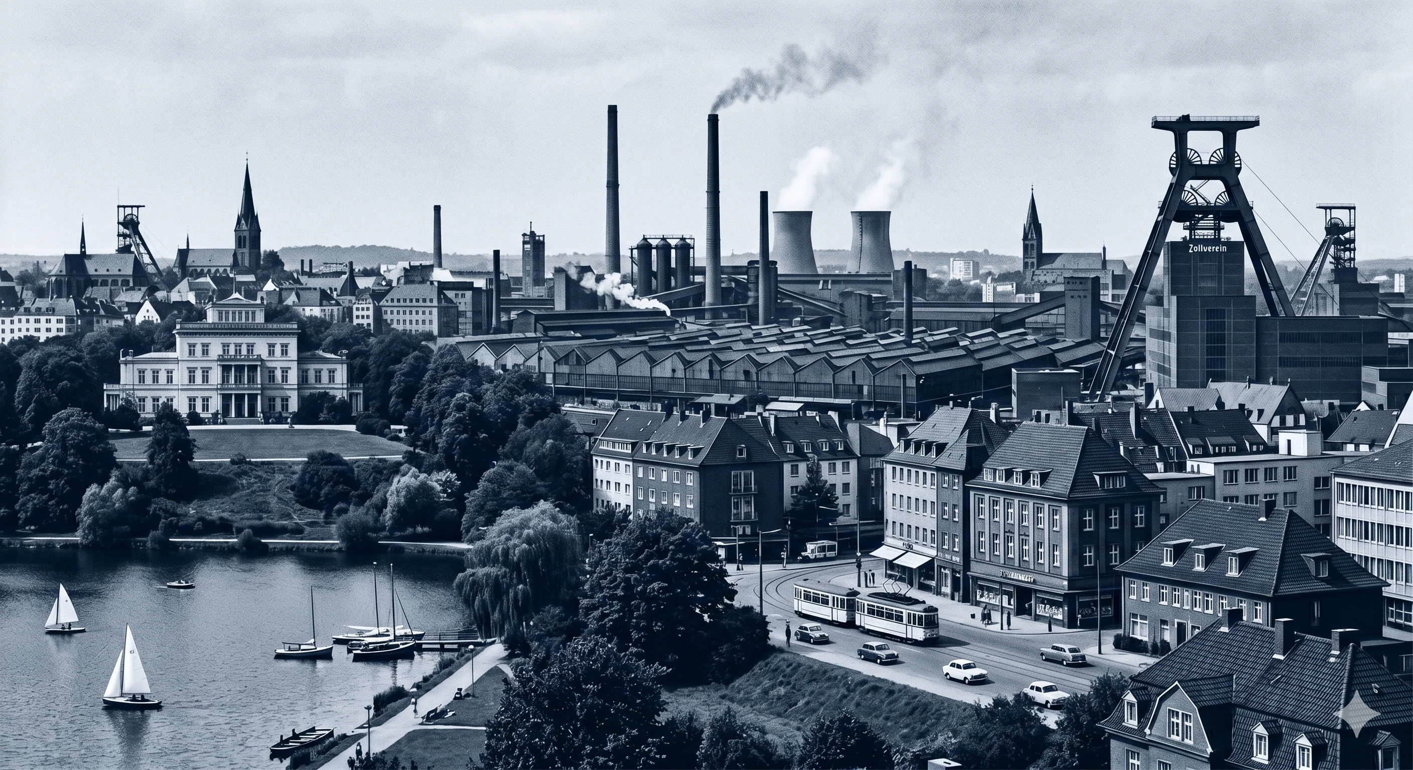 Essen im Ruhrgebiet — historische Ansicht mit Zechen, Schloten und Stadtsilhouette, dem Gründungsort der PVB